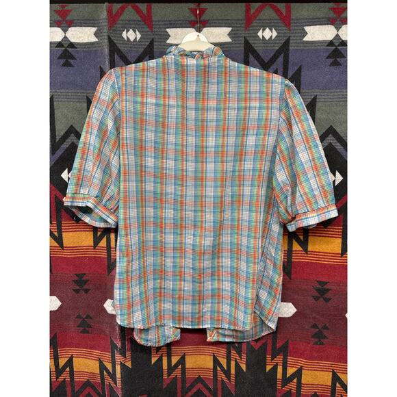Vintage Shapely 80s Plaid Rainbow Ruffle 12 Blouse Farmer Garden Prairie Modest - Picture 2 of 7